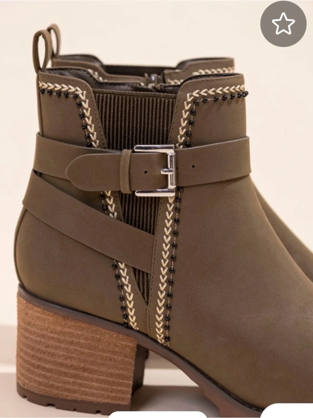 Women's Olive Chunky Ankle Heel Boots  with Decorative Trim. Size 9.